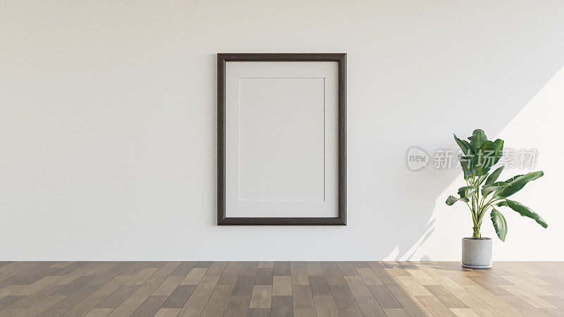 室内海报模拟与垂直空木框在房间与白墙。3 d渲染。